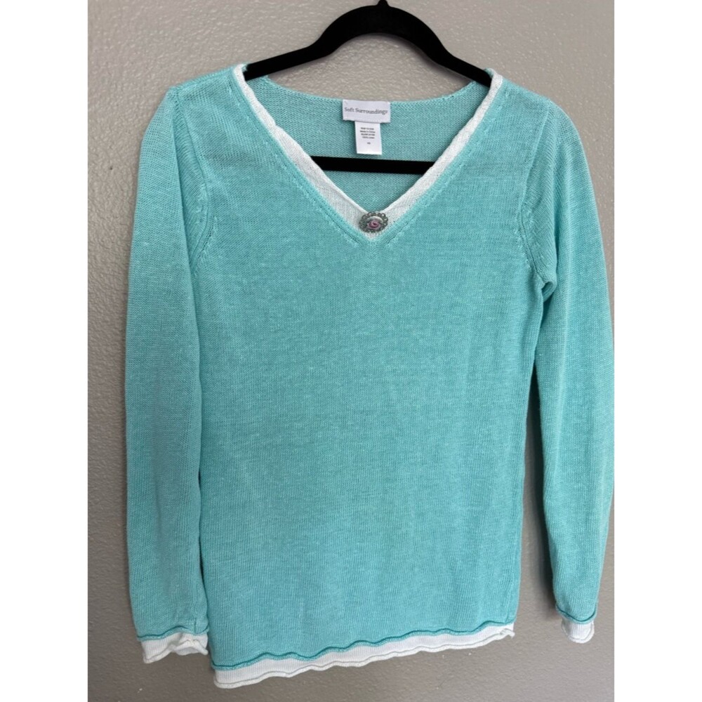 Soft Surroundings 100% Linen Knit V-Neck Sweater Aqua Cameo Rosette Trim XS